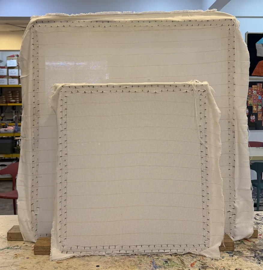 Empty tufting frames in the studio, the chosen size in front